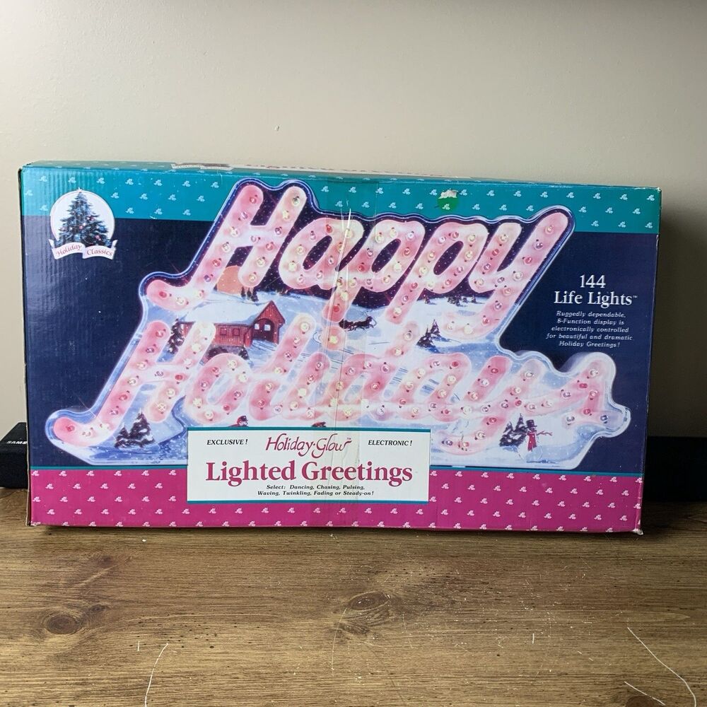 VINTAGE 1992 Holiday Glow Happy Holidays Sign 144 Dancing Lights Original Box